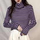 Striped Turtleneck Knit Top Stripes - Purple - One Size