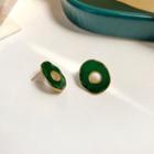 Round Stud Earring 1 Pair - Gold & Green - One Size