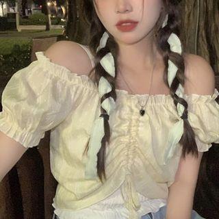 Puff-sleeve Off-shoulder Drawstring Crop Top / Camisole Top