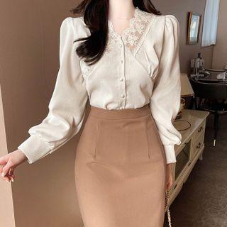 Lace-neck Corduroy Blouse
