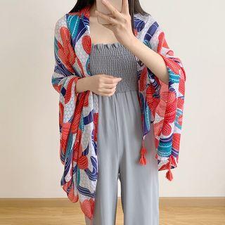 Printed Tassel Neck Scarf Red - One Size