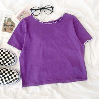 Short-sleeve Ruffle Trim Top Purple - One Size