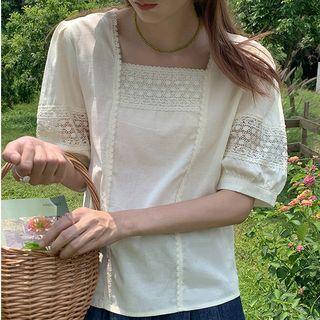Puff-sleeve Square Neck Lace Panel Blouse Almond - One Size