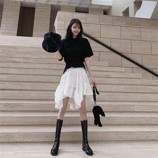 Plain Short-sleeve T-shirt / Irregular Hem A-line Skirt
