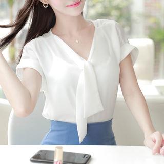 Tie-neck Cuffed Cap-sleeve Blouse