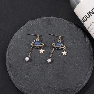 Faux Pearl & Bead Planet Fringed Earring 1 Pair - Blue Planet Earring - One Size