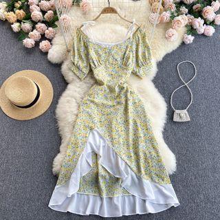 Color Block Asymmetrical Panel Floral Spaghetti-strap Dress