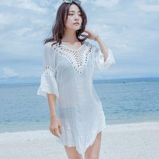 Elbow-sleeve Crochet Panel Open Back Beach Cover-up
