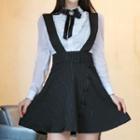 Set: Ruffle Panel Shirt + Pinstriped Suspender Mini A-line Skirt