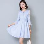 Mesh Panel Pinstriped 3/4 Sleeve A-line Dress