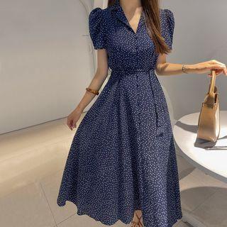 Puff-shoulder Dotted Long Dress With Sash