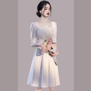 Asymmetrical Puff-sleeve Square-neck A-line Dress