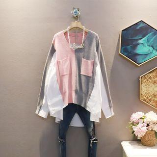 Long-sleeve Knit Panel Color Block Shirt