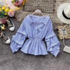 V-neck Striped Lantern-sleeve Top