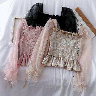 Mesh-sleeved Smocked Velvet Top