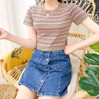 Multicolor Striped Cropped T-shirt