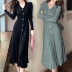 Long-sleeve Button-up Knit Pleated Midi Dress