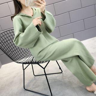 Set: Knit Hooded Long-sleeve Top + Cropped Straight-fit Pants
