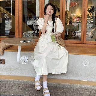 Short-sleeve Collar Floral Embroidered Midi A-line Dress Almond - One Size