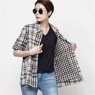Roll-up Sleeve Pocket Plaid Shirt