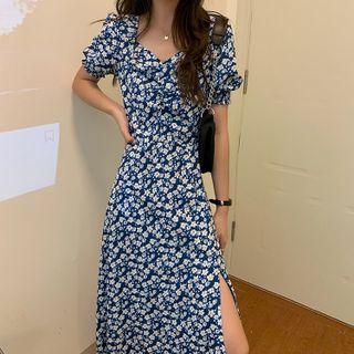 Short-sleeve Floral Slit Midi A-line Dress Blue - One Size