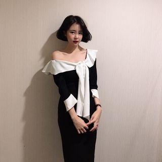 Skew Neck 3/4-sleeve Sheath Dress