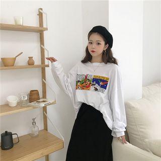Long-sleeve Comic Print T-shirt / Slit A-line Midi Skirt