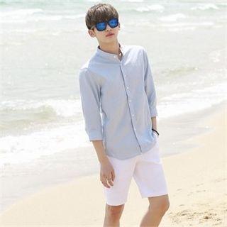 Mandarin-collar Slim-fit Linen Blend Shirt