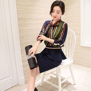 Set: Long-sleeve Striped Blouse + Peplum Pencil-cut Skirt
