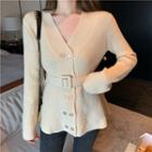 Double-breasted Gather Waist Cardigan
