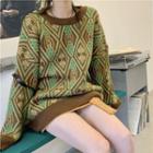 Round Neck Pattern Sweater Green & Coffee - One Size