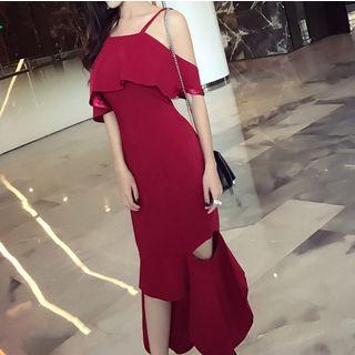 Cold Shoulder Ruffled Midi Sheath Dress