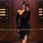 Long-sleeve Asymmetrical Knit Bodycon Dress Black - One Size