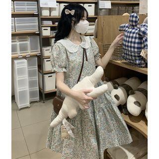 Short-sleeve Collar Floral Midi A-line Dress Blue & Pink Floral - White - One Size
