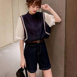 Short-sleeve Panel Shirt / Denim Shorts