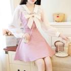 Set: Bow-accent Lace-trim Top + Check A-line Skirt
