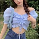 Off-shoulder Puff-sleeve Blouse Blue - One Size