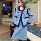 Round Neck Contrast Trim Jacket / Mini A-line Skirt