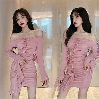 Ruffle Off-shoulder Long-sleeve Mini Sheath Dress