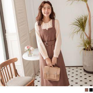 Belt-waist Woolen A-line Pinafore Dress