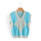Detachable Sleeve Argyle Sweater 9193 - Light Blue - One Size