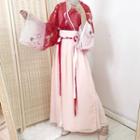 Crane Print Ombre Long-sleeve Top / Tie-waist Maxi A-line Skirt / Set