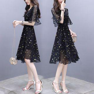 Elbow Sleeve V-neck Floral Print Chiffon Dress