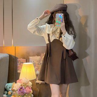 Mock Two-piece Puff-sleeve Buckled Dress