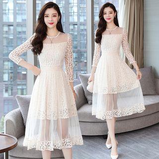 Set: Long Sleeve Mesh Panel Lace Dress + Mesh Skirt