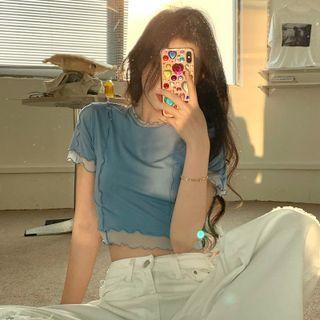 Short-sleeve Lettuce Edge Crop Top Blue - One Size