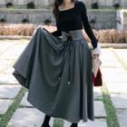 Set: Long-sleeve Square-neck Knit Top + Midi A-line Skirt