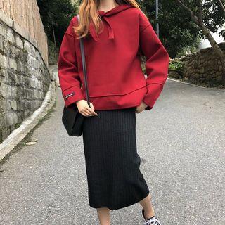 Tie Neck Hoodie / Rib Knit Midi Skirt