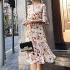 Elbow-sleeve Midi Floral Chiffon Dress