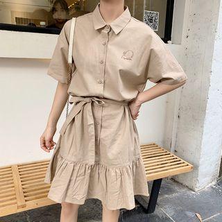 Cartoon Print Short-sleeve Shirtdress With Sash Khaki - One Size